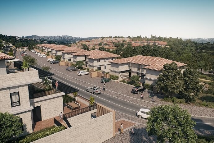 שורת בתים עם מרפסות וחניות, כביש והמון עצים מסביב
